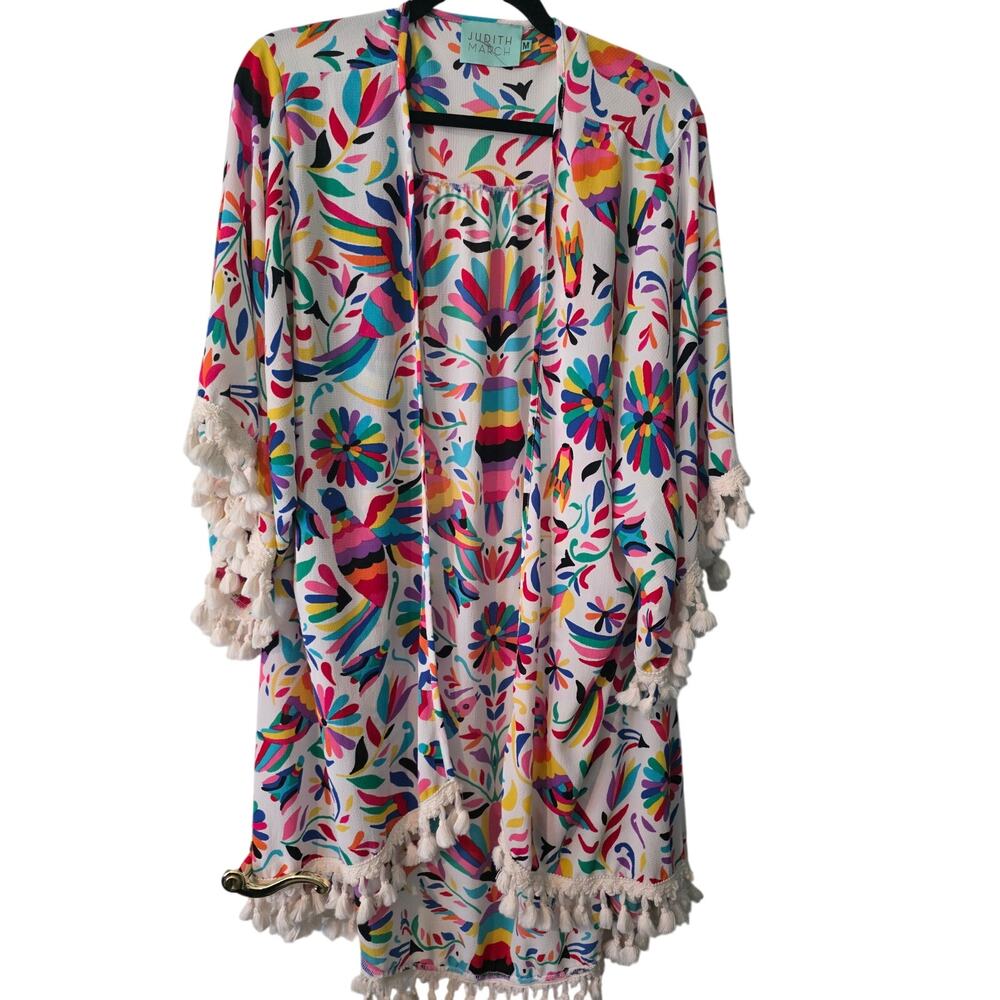 Judith March Otomi Print Boho Kimono Cardigan Tassels Colorful Medium